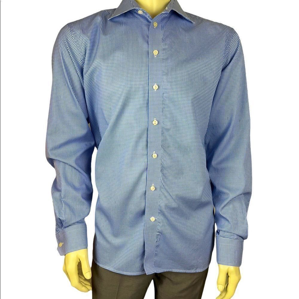Gently Used Light Blue and White Houndstooth Check Zegna L/S Dress Shirt Size M